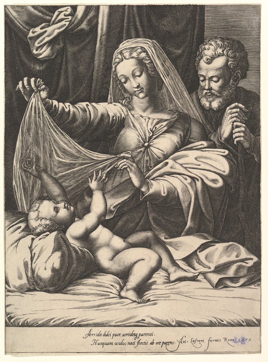 维尔京的麦当娜（Madonna of Loreto），处女在孩子的上方掀起面纱，孩子躺在床上和枕头上，1575年。 作者 乔治·吉西（Giorgio Ghisi）