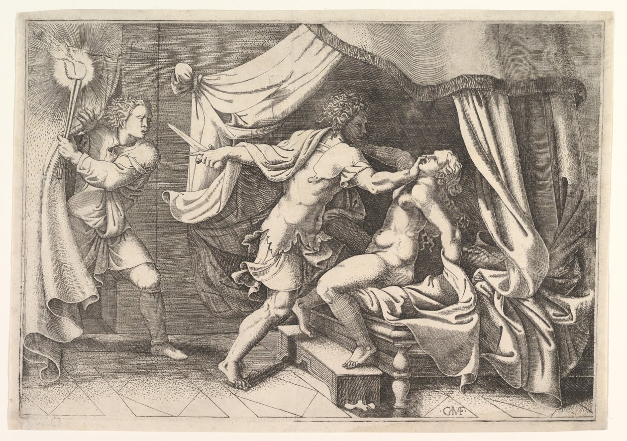 塔金（Tarquin）袭击卢克雷蒂娅（Lucretia），这是一名左仆人在现场目击现场。 1540。 作者 乔治·吉西（Giorgio Ghisi）