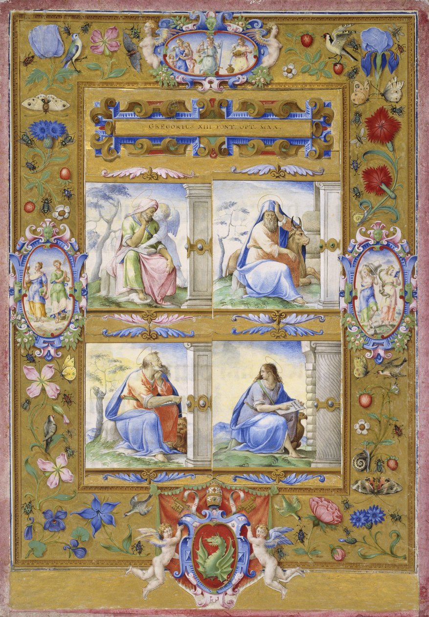 花，鸟，虫边界内的四位传道者，1572年 作者 乔治·朱利奥·克洛维奥（Giorgio Giulio Clovio）