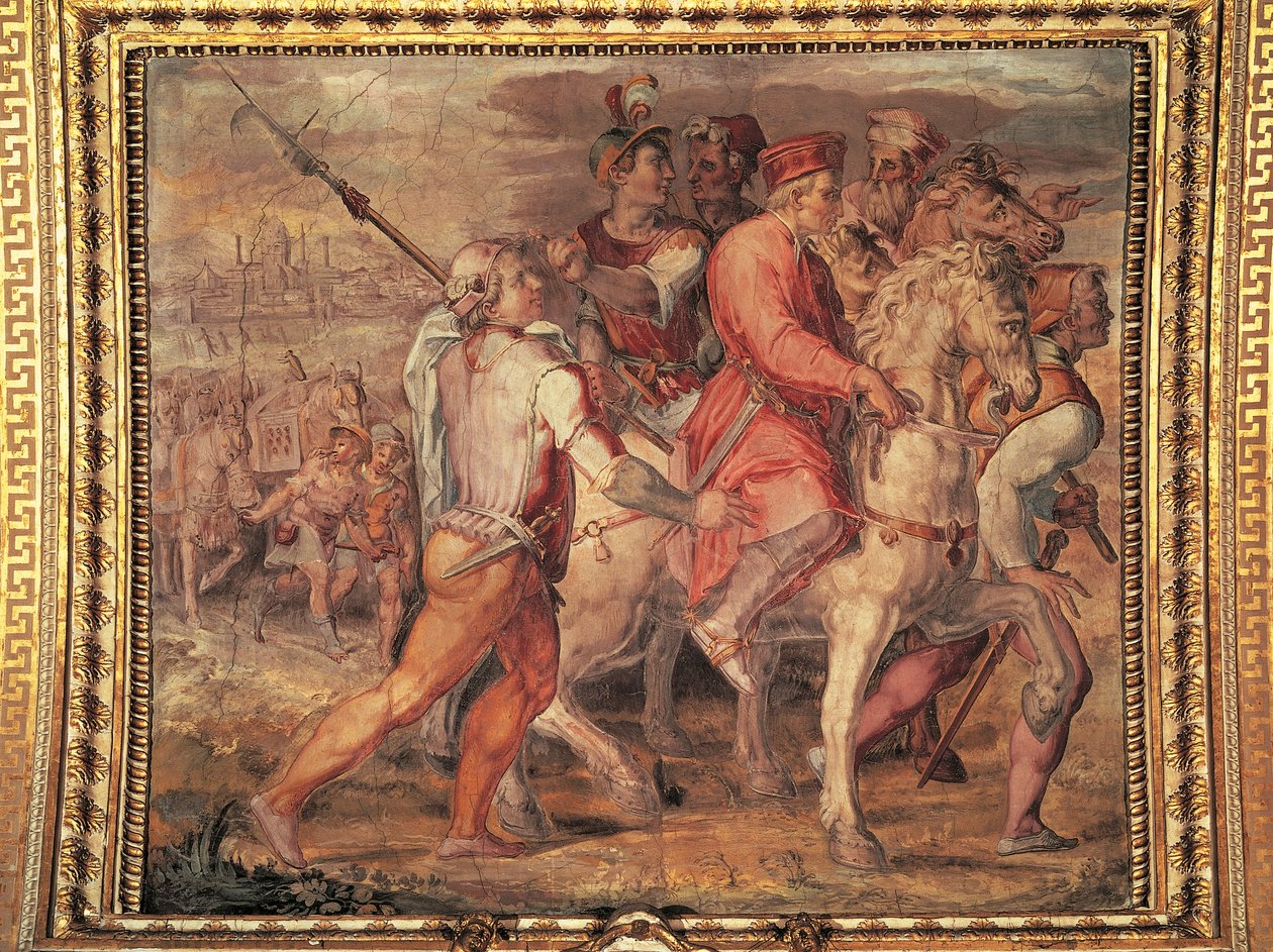 科西莫一世离开流亡，乔治-瓦萨里（1511-1574）的壁画。五百人厅，佛罗伦萨维基奥宫。意大利 作者 乔治·瓦萨里（Giorgio Vasari）