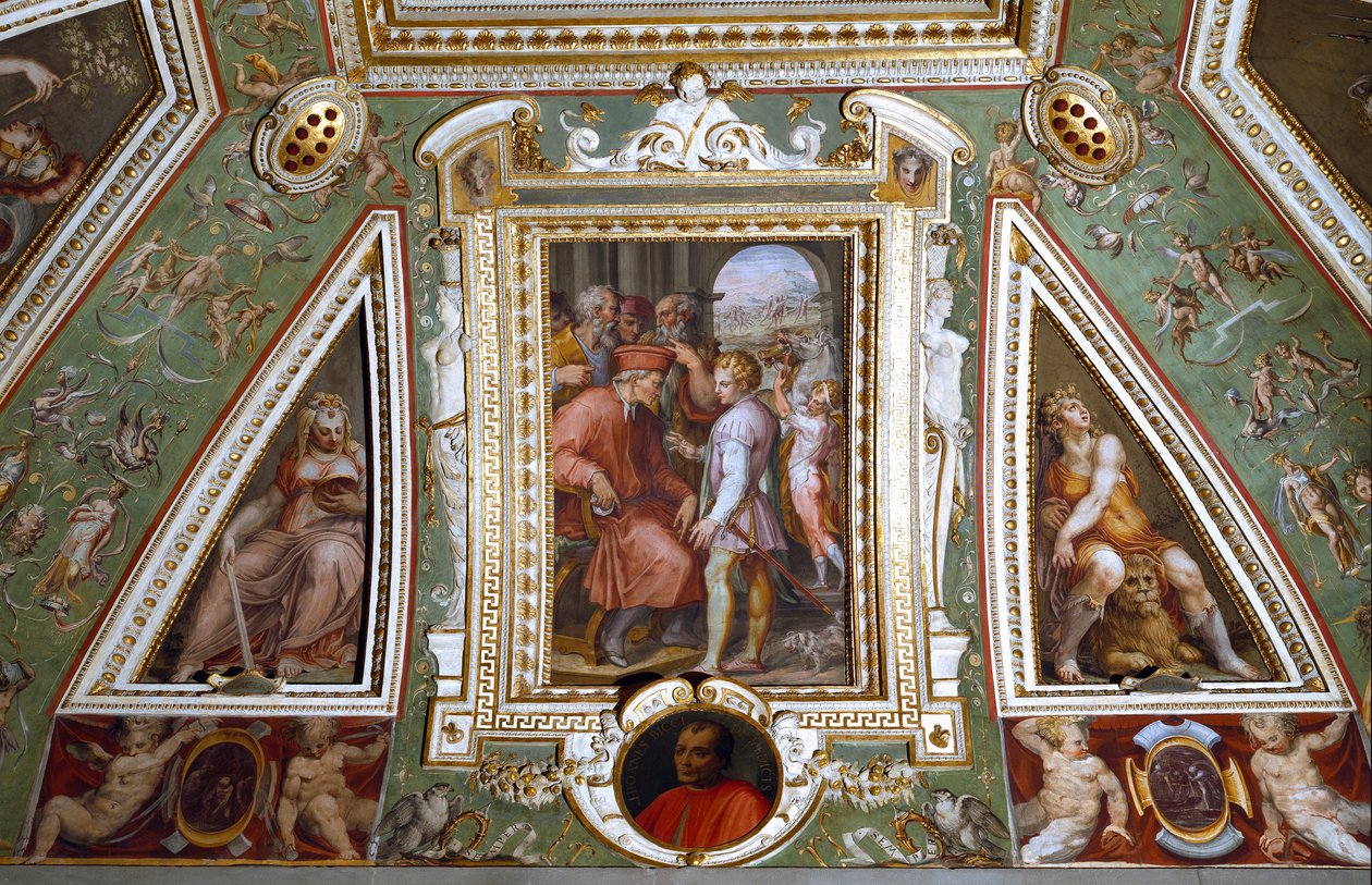 Detail of the room of Cosimo de Medicis representing himself with Sante Bentivoglio, governor of the city of Bologna (fresco 作者 乔治·瓦萨里（Giorgio Vasari）