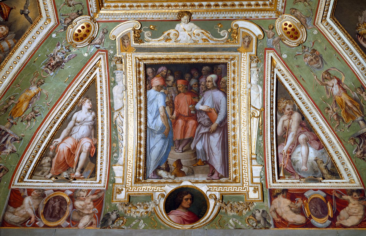 Detail of the room of Cosimo de Medicis representing himself with artists and intellectuals (fresco 作者 乔治·瓦萨里（Giorgio Vasari）