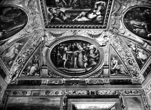 教皇克莱门特七世（1478-1534）与法国的亨利二世（1519-59）结合，来自Sala di Clemente VII的Catherine de Medici（1519-1589） 作者 乔治·瓦萨里（Giorgio Vasari）