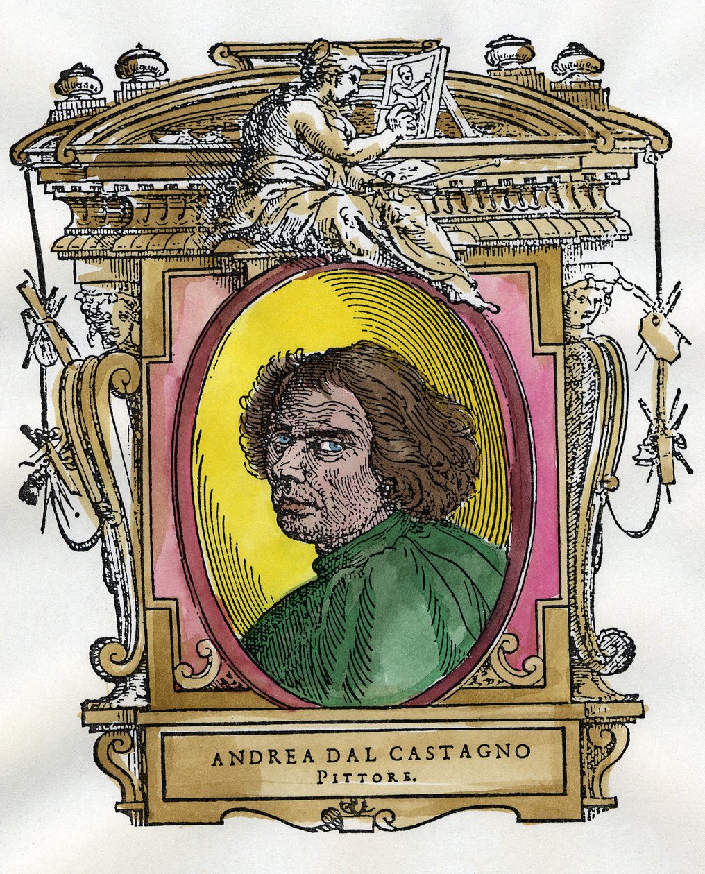画家安德烈亚-德尔卡斯塔尼奥（Andrea Del Castagno，约 1410 - 1457 年）的肖像。乔治-瓦萨里的画家和雕塑家传记集。 作者 乔治·瓦萨里（Giorgio Vasari）