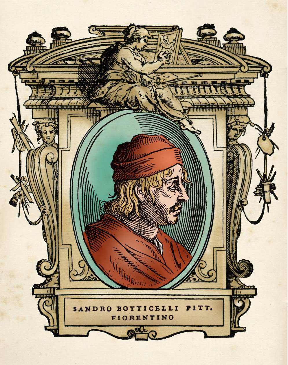 画家桑德罗-波提切利（1445-1510）（Alessandro di Mariano di Vanni Filipepi）的肖像，雕刻自乔治-瓦萨里的 "The Vite of