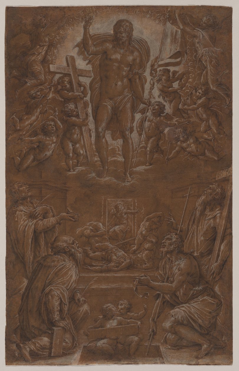 1566-1568年，圣徒和天使崇拜的复活的基督。 作者 乔治·瓦萨里（Giorgio Vasari）
