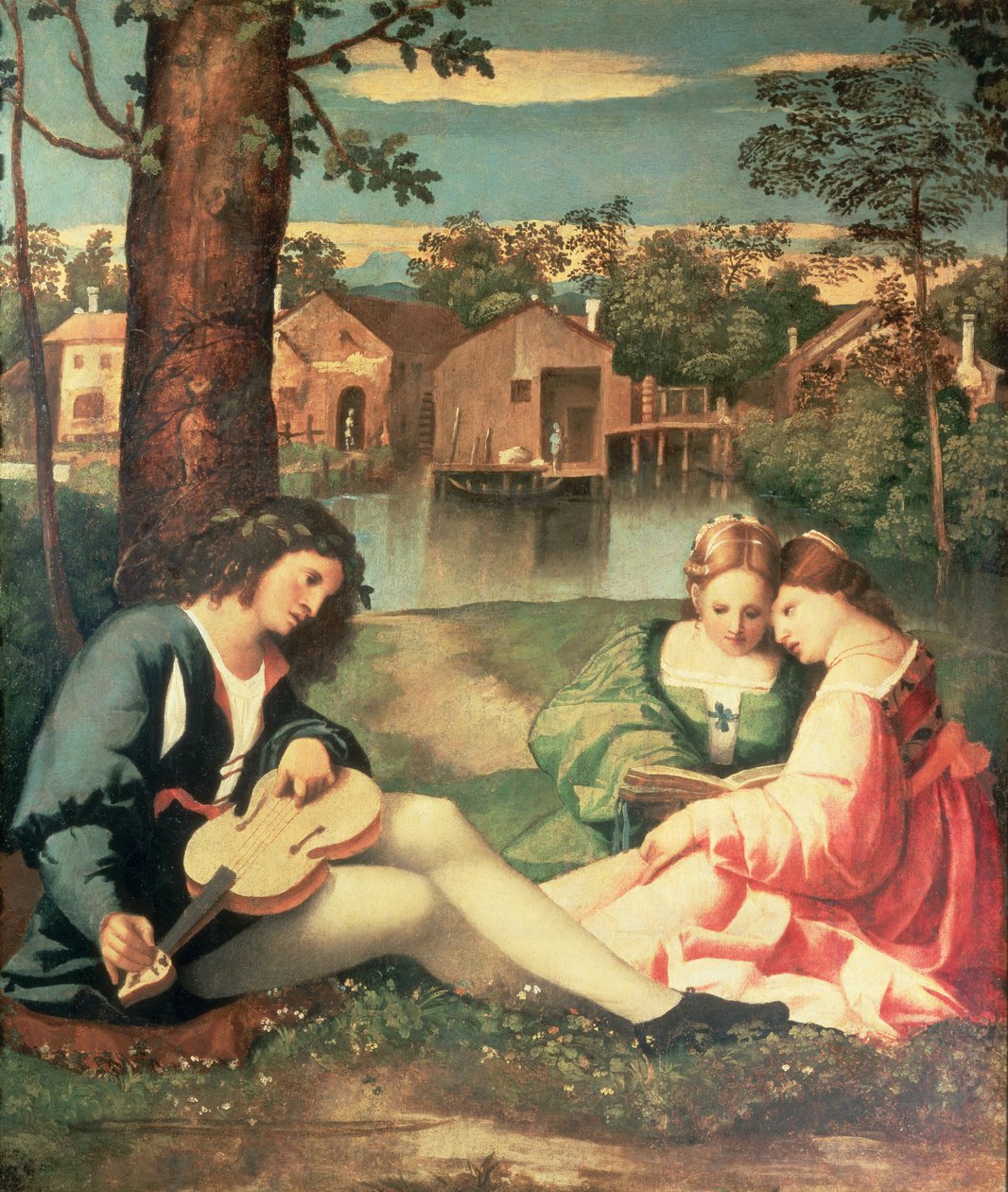 青年与吉他和两个女孩坐在河岸边 作者 Giorgione da Castelfranco