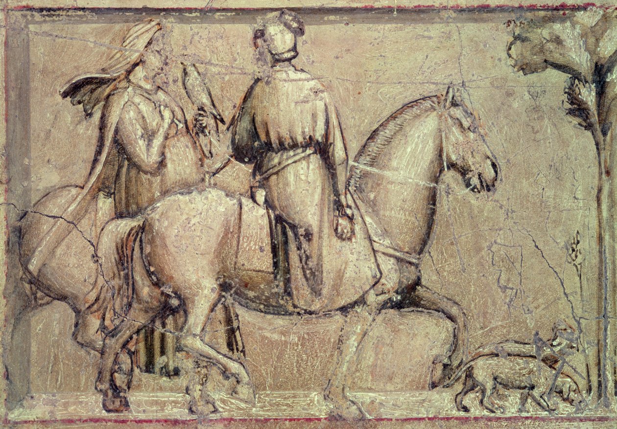 法律的寓言，在恢复之前（两名骑兵的猎鹰细节离开猎人），1305 作者 乔托迪邦多内