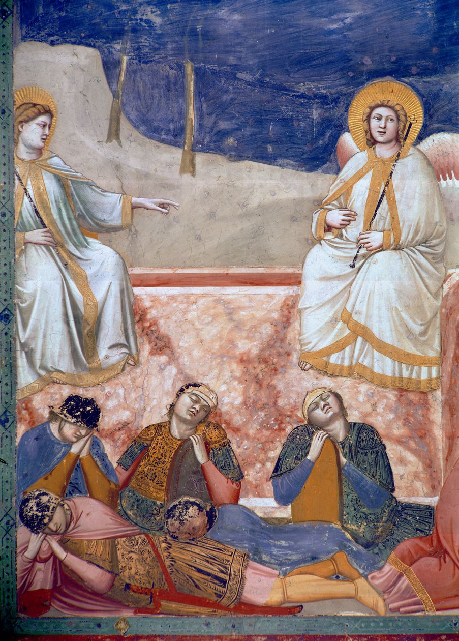Noli Me Tangere，或基督对玛利亚抹大的幻影，坟墓，天使和沉睡士兵的细节，1303-05（另见155974） 作者 乔托迪邦多内