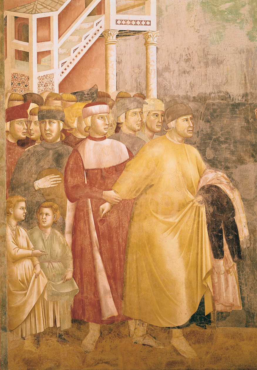 圣弗朗西斯放弃所有世俗商品，Pietro di Bernardone的细节，1297-99 作者 乔托迪邦多内