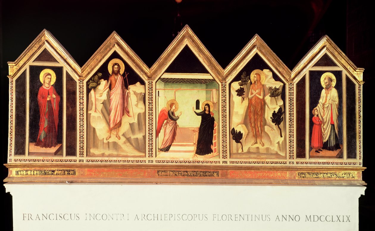 St. Reparata Polyptych，L到R：St. Reparata，圣约翰施洗者，天使报喜，身份不明的圣徒，圣尼古拉斯（反向） 作者 乔托迪邦多内