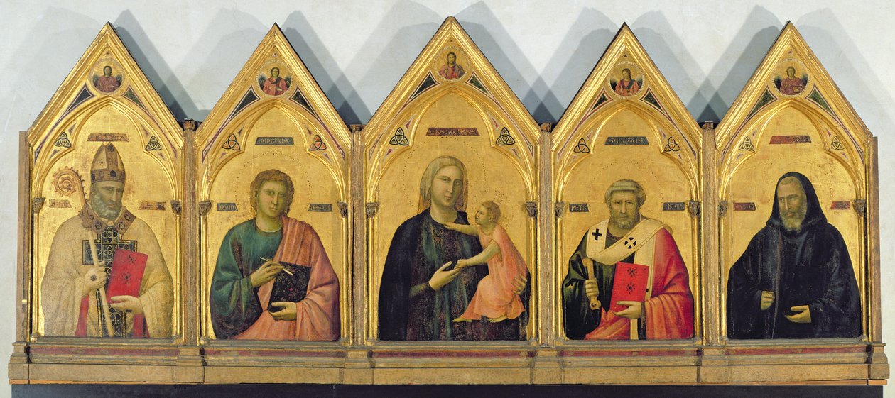 The Madonna and Saints的Badia祭坛画，c.1301（小组中的蛋彩画） 作者 乔托迪邦多内