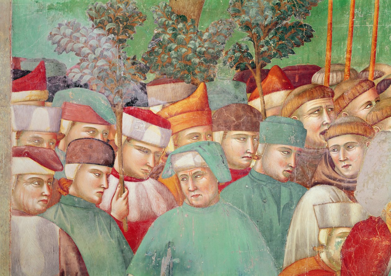 圣克莱尔拥抱圣弗朗西斯的尸体，右手边的人群细节，1297-99（壁画）（细节63354） 作者 乔托迪邦多内