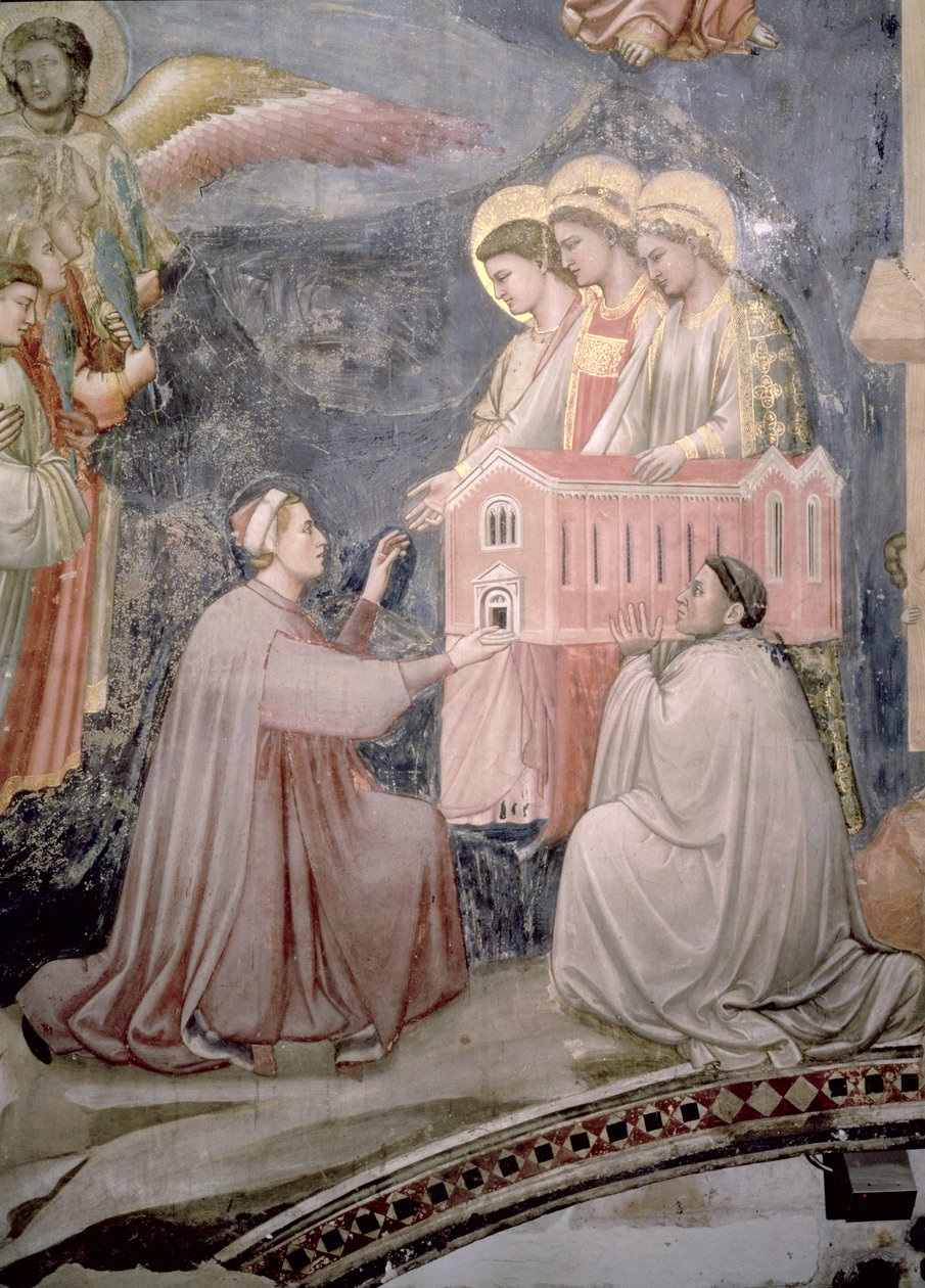 最后的审判，赞助人Enrico Scrovegni的详细介绍了教堂的模型，c.1305 65227的壁画细节 作者 乔托迪邦多内