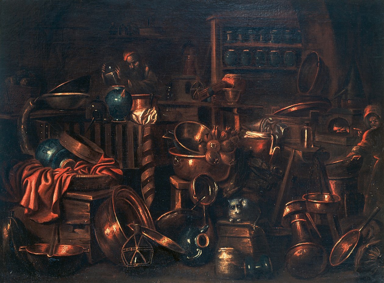 炼金术士的实验室，吉安-多米尼克-瓦伦蒂诺（1630-1708）的画作，意大利 作者 乔凡·多梅尼科·瓦伦蒂诺