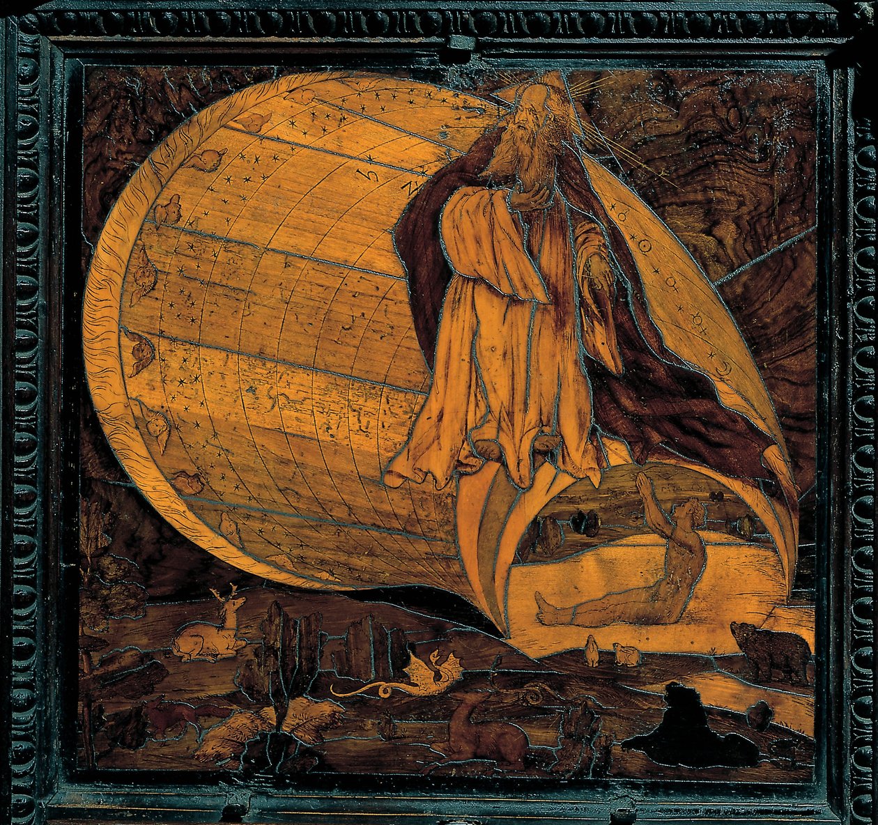 La Creation du monde - Giovan Francesco Capoferri 出自 Lorenzo Lotto (1480-1556) 的木镶嵌细工 - 16 世纪 - 贝加莫圣母玛利亚教堂 作者 乔万·弗朗切斯科·卡波费里