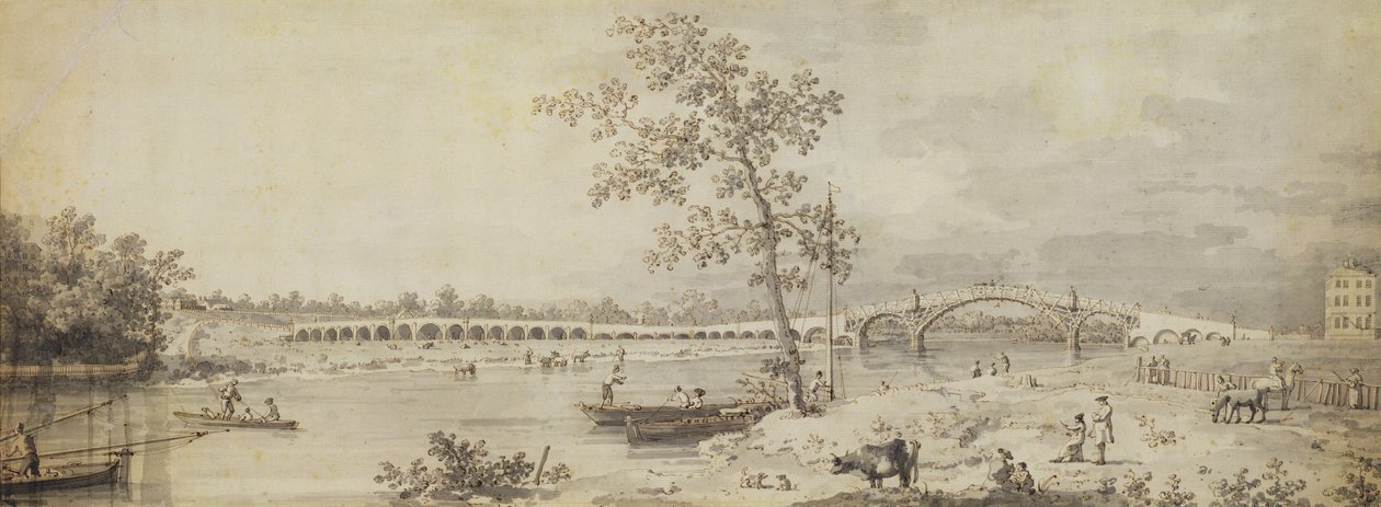 从1755年米德尔塞克斯海岸看到的旧沃尔顿桥（笔和墨水在纸上洗） 作者 乔瓦尼·安东尼奥运河（Canaletto）