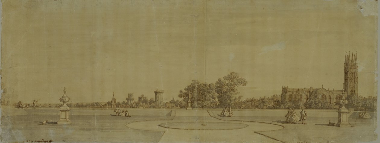 沃里克：修道院花园的城镇和城堡（石墨上的棕色墨水） 作者 乔瓦尼·安东尼奥运河（Canaletto）