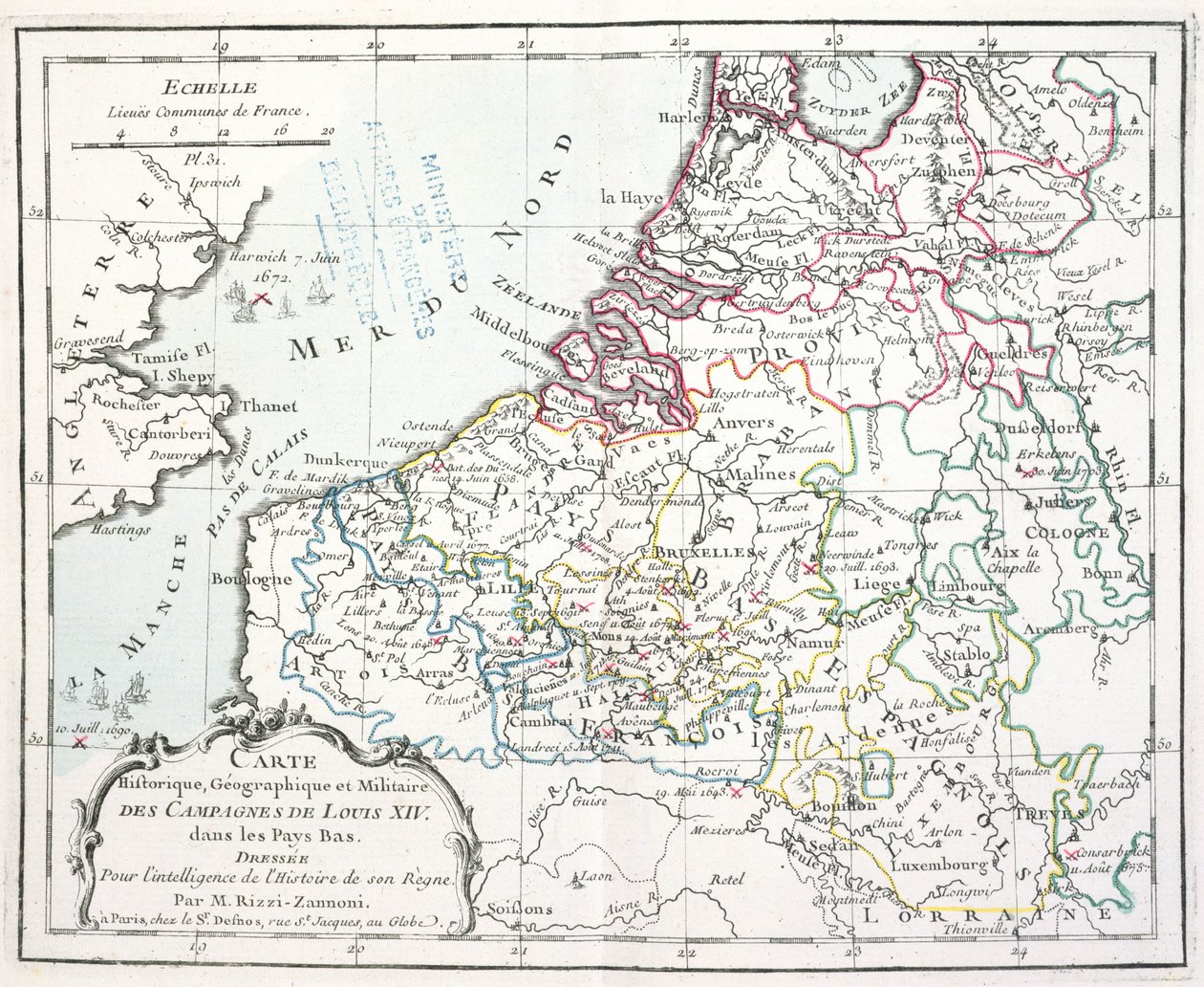 地图显示路易十四在低地国家的军事行动，来自Atlasgéographique和militaire，于1763年在巴黎出版（彩色版画） 作者 乔凡尼·安东尼奥·里兹·赞尼
