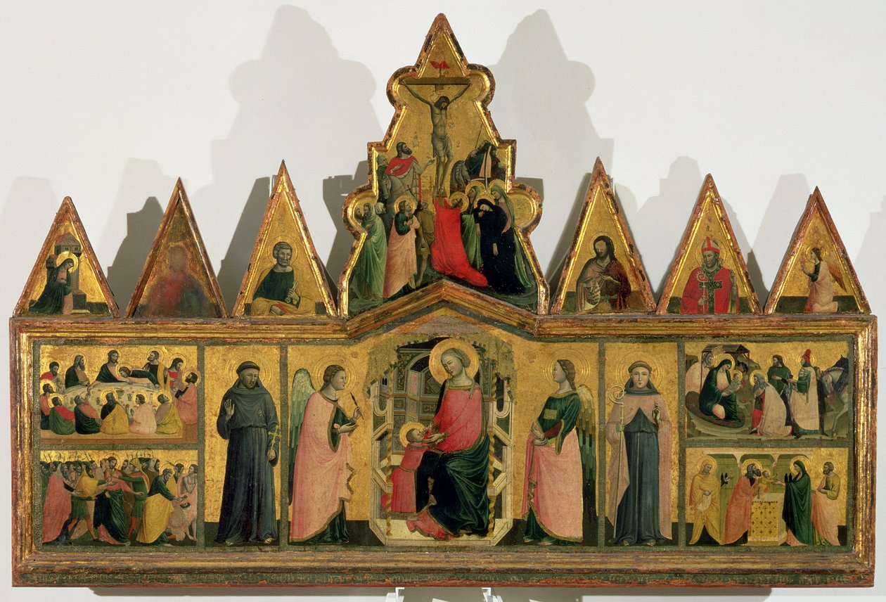 Polyptych：中央小组描绘了麦当娜和儿童登上天使和圣徒，周围是描绘基督生活场景的小组，描绘圣徒的三角形山形墙，天使 作者 乔凡尼·巴伦齐奥·达里米尼
