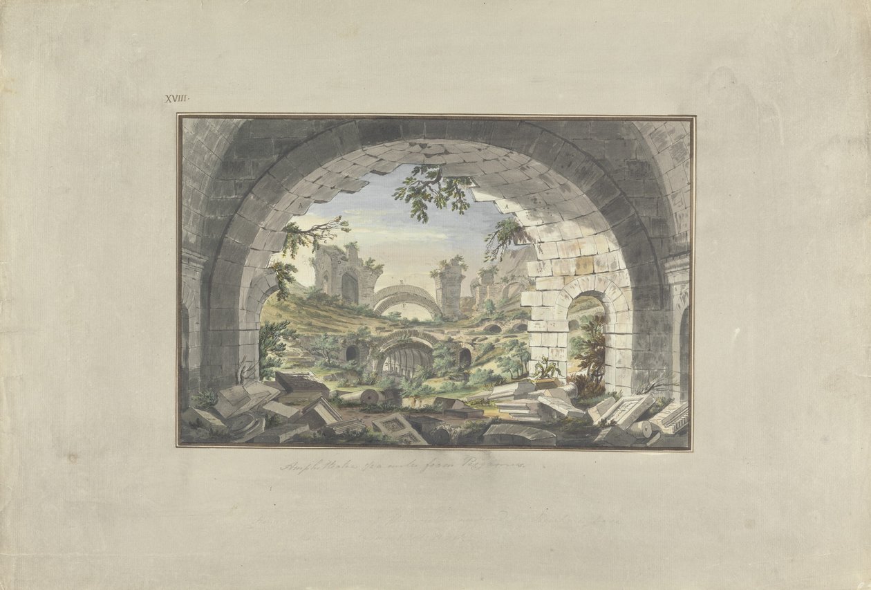 Pergamon的废墟，可能是露天剧场，1750年（用纸笔上的墨水和墨水） 作者 乔瓦尼·巴蒂斯塔·博拉