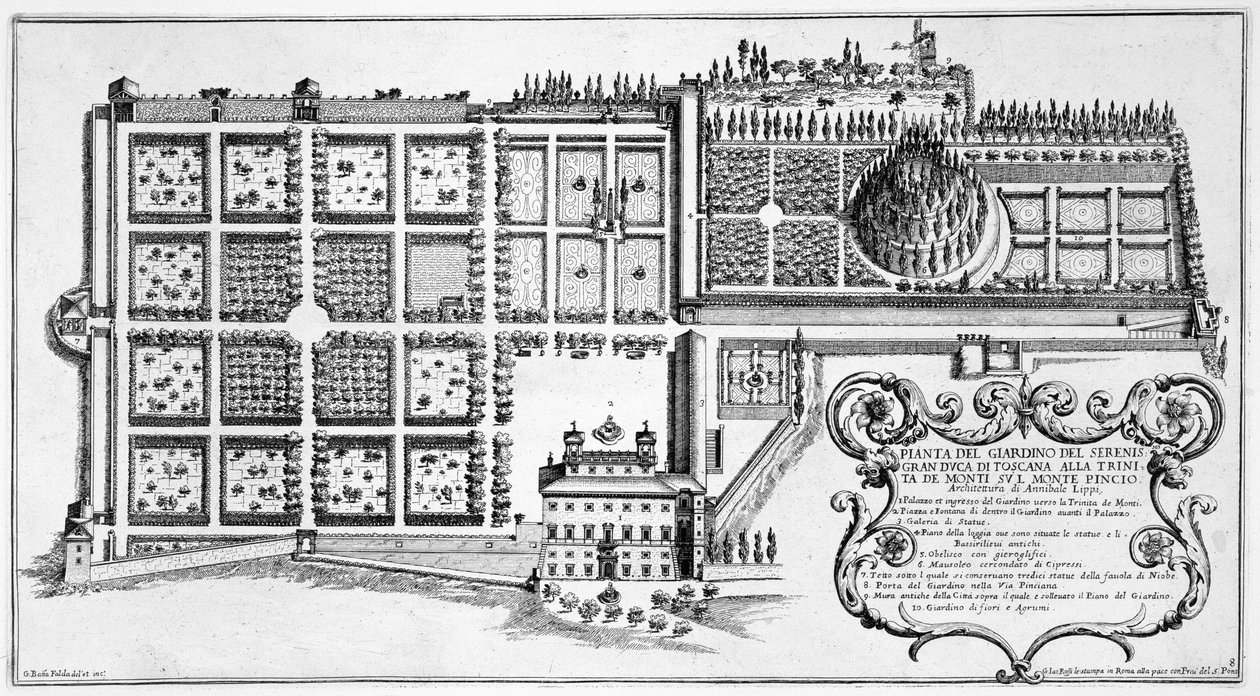 罗马Pincio的Trinita de Monte公园的托斯卡纳大公园，来自“Prospettiva di Roma Moderna的新织物和建筑物”，发表于1665-69（见 作者 乔瓦尼·巴蒂斯塔·法尔达
