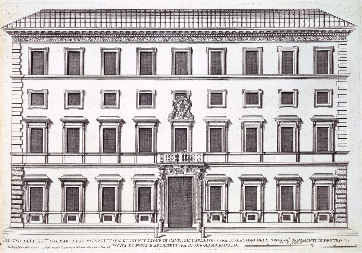 由Giacomo della Porta（1538-1602）和Girolamo Rainaldi（1570-1655）设计的罗马Palazzo Marchese门面的视图 作者 乔瓦尼·巴蒂斯塔·法尔达