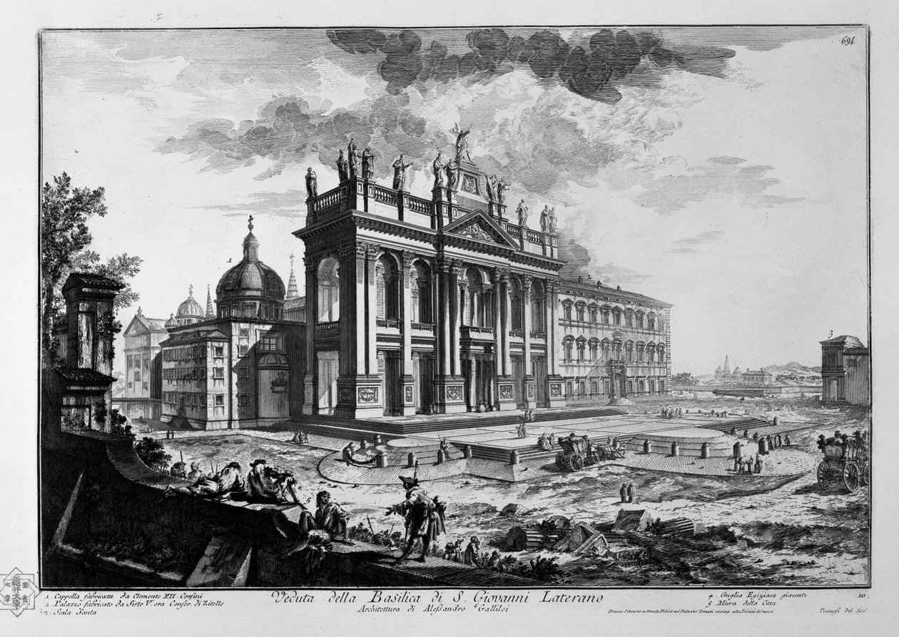 观点的S. Giovanni Laterano大教堂; Alessandro Gallilei的建筑。 1.由Clement XII建造的教堂。科西尼。 2.由Sixtus V.建造的宫殿现在是Conser。 Zitelle。 3.圣楼。 4.躺在埃及尖顶上。 5.城墙 作者 乔凡尼·巴蒂斯塔·皮拉涅西