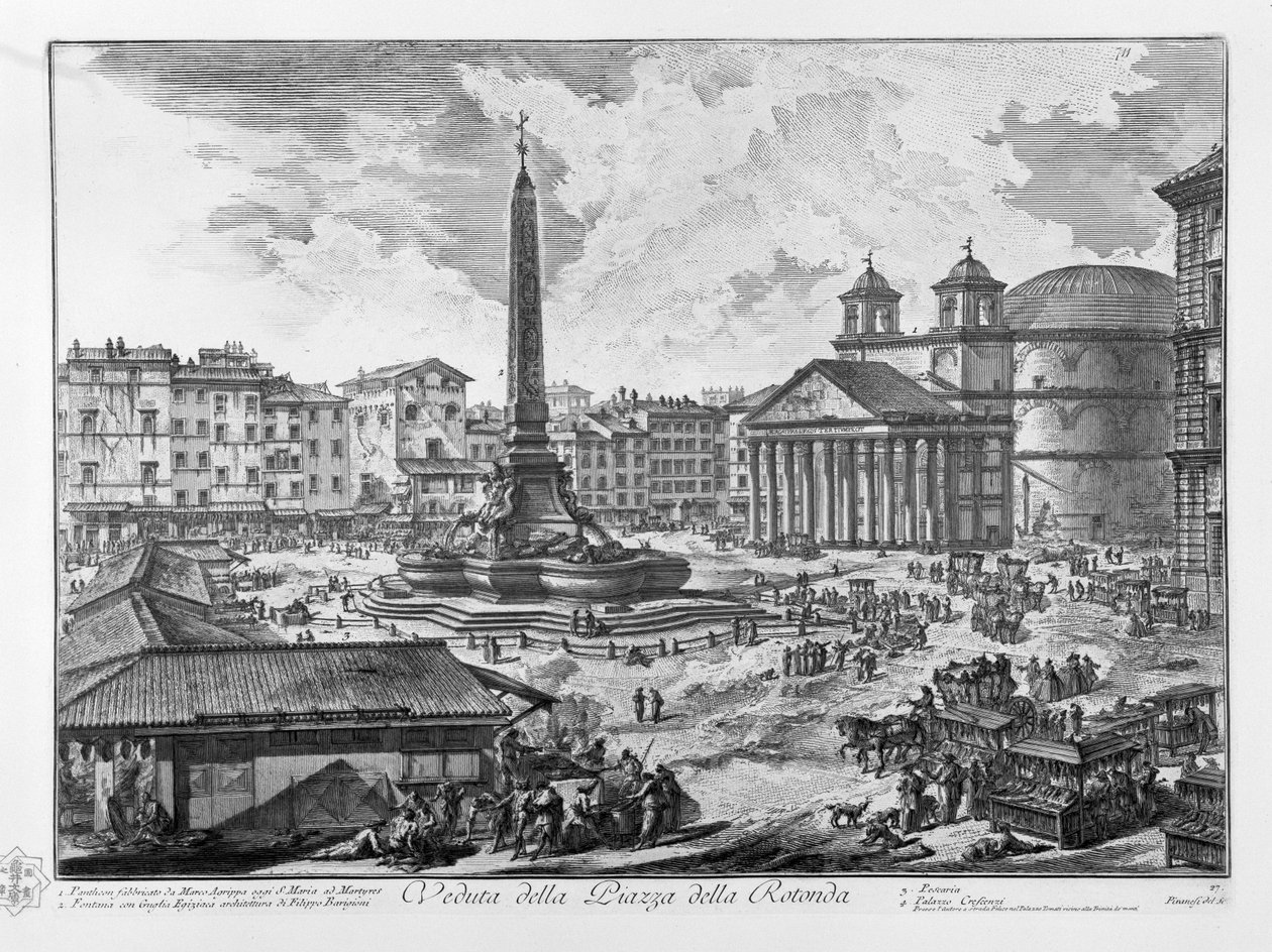 今天由Marco Agrippa制造的Piazza della Rotonda万神殿的视图S. Maria ad Martyres Fontana与Gulilia Egiziaca建筑由Filippo Barigioni Pescaria Palazzo Crescenzi制造 作者 乔凡尼·巴蒂斯塔·皮拉涅西