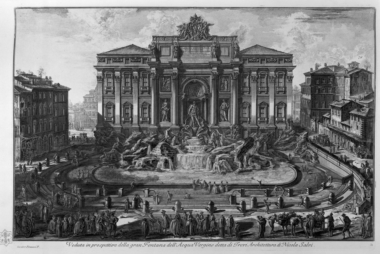 被称为Trevi&39;s的伟大Fontana dell&39;Acqua Vergine的透视图。尼古拉·萨尔维的建筑 作者 乔凡尼·巴蒂斯塔·皮拉涅西