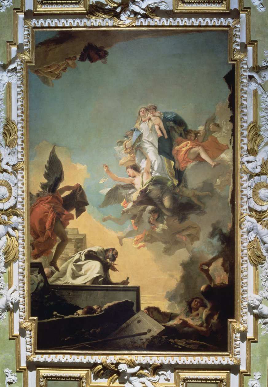 卡梅尔的处女将肩胛骨送给祝福的西蒙股票，1740年代 作者 乔凡尼·巴蒂斯塔·提埃波罗