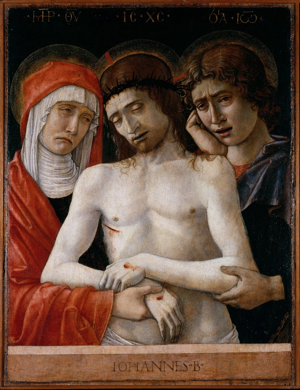 死去的基督由麦当娜和圣约翰支持 作者 乔凡尼·贝里尼（Giovanni Bellini）