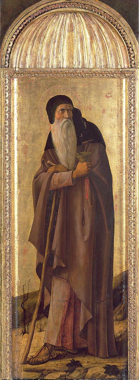 St.Sebastian介于圣施洗约翰和圣安东尼方丈之间，在lunette Eternity和Annunciation温度和金箔面板上，细节165428：圣安东尼 作者 乔凡尼·贝里尼（Giovanni Bellini）