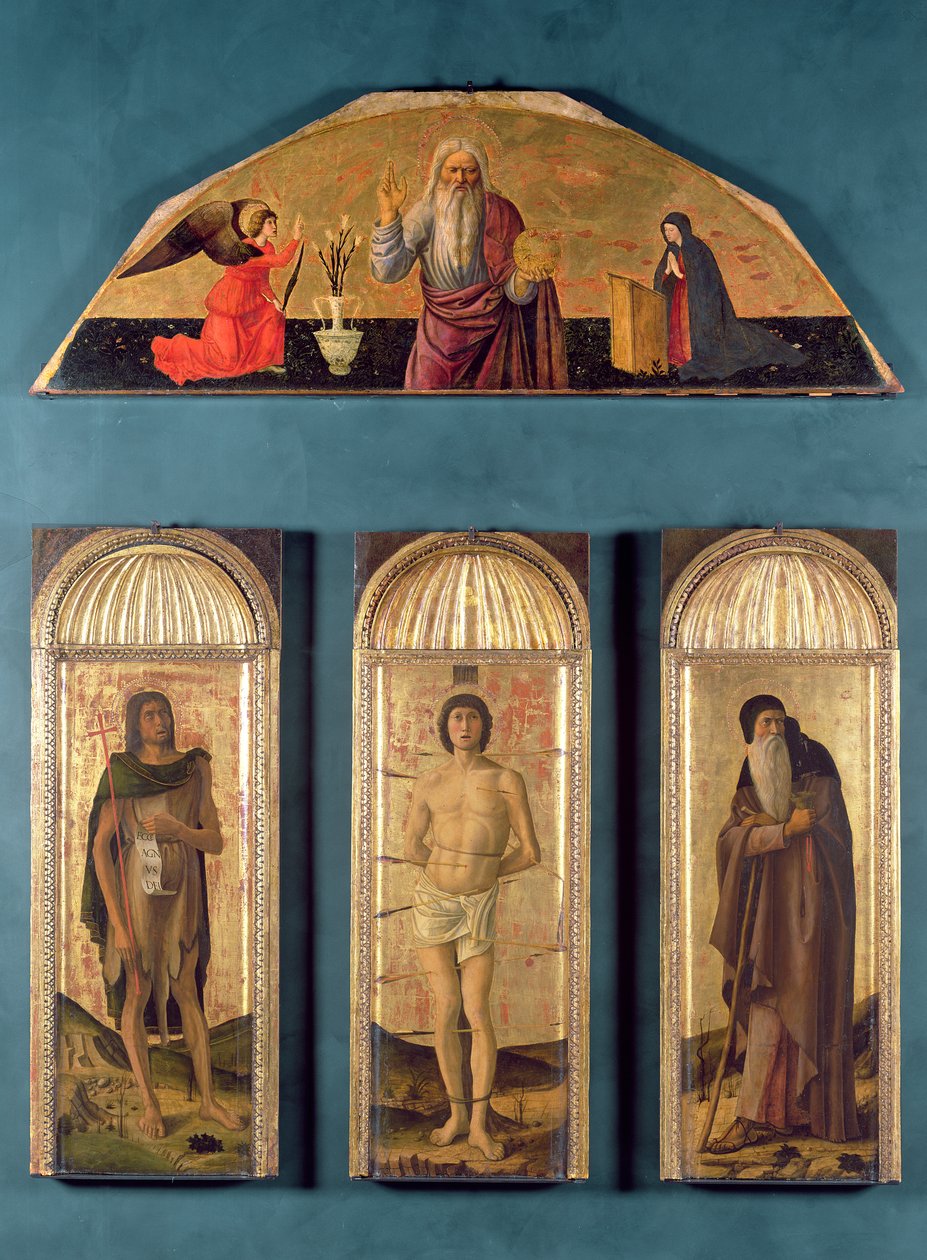 St.Sebastian介于圣施洗约翰和圣安东尼方丈之间，在lunette Eternity和Annunciation（面板上的蛋彩画和金箔） 作者 乔凡尼·贝里尼（Giovanni Bellini）