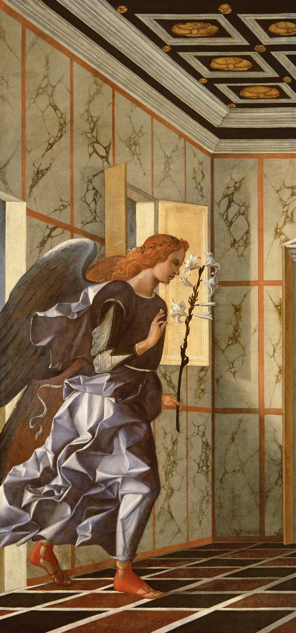 大天使加百列，来自The Annunciation diptych，c.1500（1998年后修复） 作者 乔凡尼·贝里尼（Giovanni Bellini）