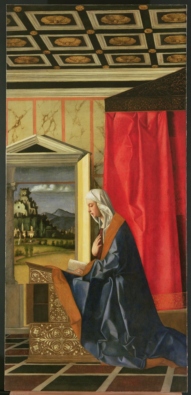 圣母玛利亚，来自The Annunciation diptych（1998年后修复） 作者 乔凡尼·贝里尼（Giovanni Bellini）