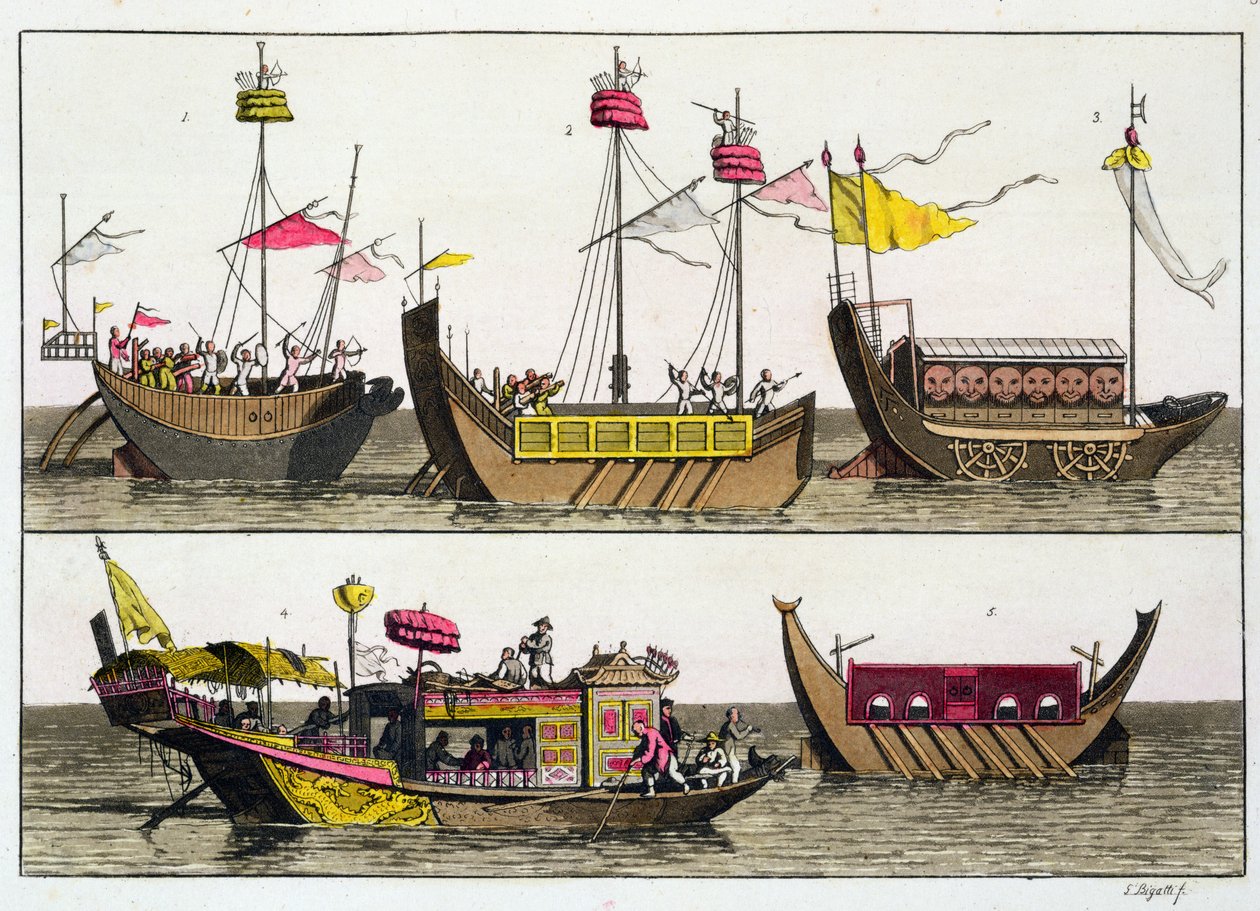 中国船只的例子，来自Giulio Ferrario的&39;Le Costume Ancien et Moderne&39;的插图，出版于1820年代至30年代 作者 乔瓦尼·比加蒂（Giovanni Bigatti）