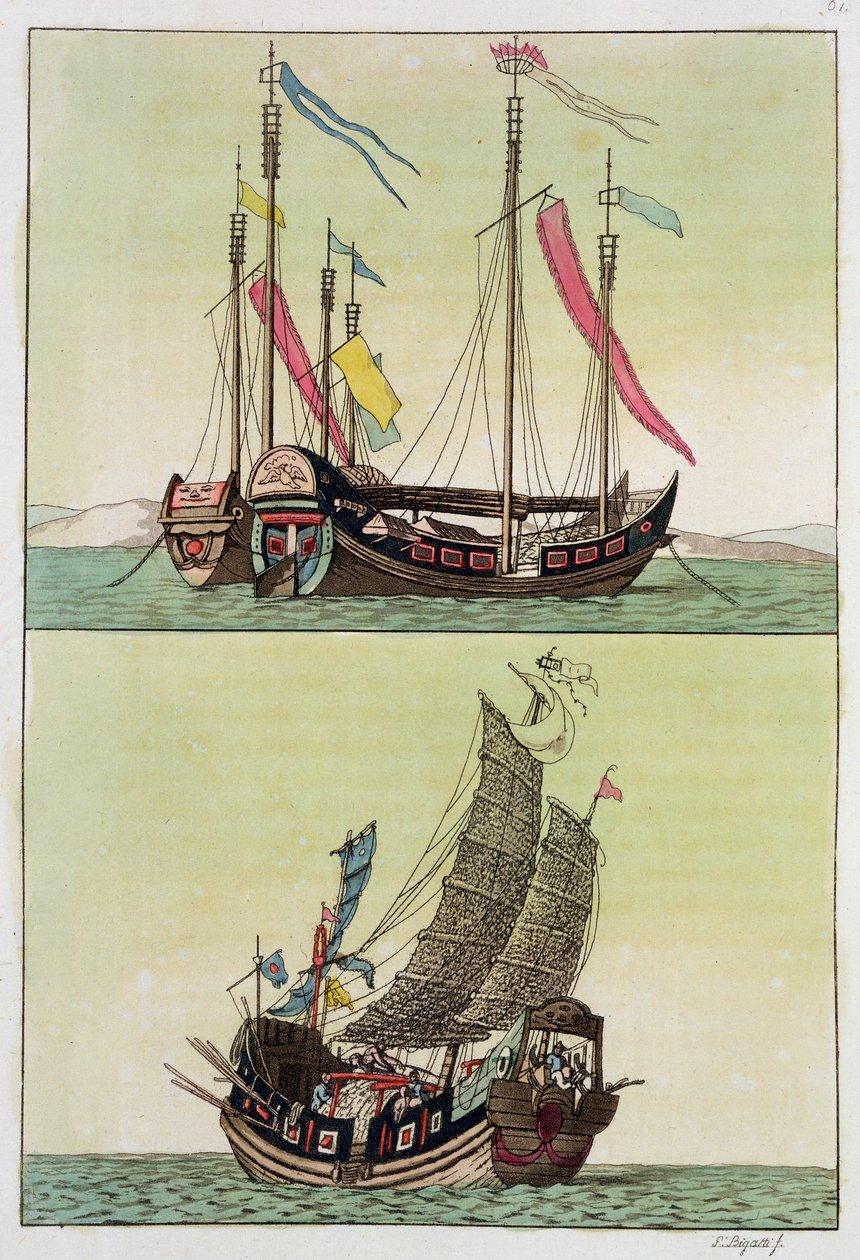 两种中国垃圾，来自Giulio Ferrario的&39;Le Costume Ancien et Moderne&39;的插图，出版于1820年代至30年代 作者 乔瓦尼·比加蒂（Giovanni Bigatti）