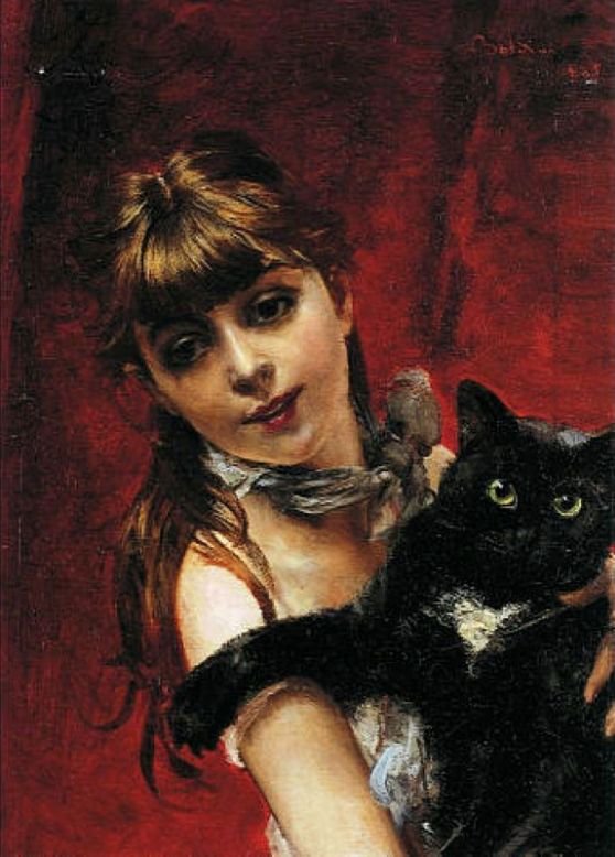 黑色CatnDeutsch的女孩：Madchen mit schwarzer KatzenPolski：一只黑猫的女孩 作者 乔凡尼·博尔迪尼（Giovanni Boldini）