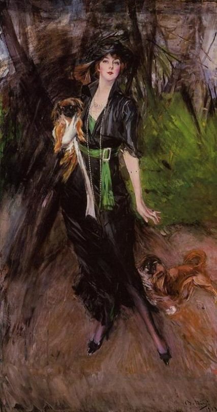 Lina Bilitis女士与两个PekinesenDeutsch的肖像：Portrat der Lady Lina Bilitis mit zwei PekingesennPolski：Lady Lina Bilitis的肖像与两个pekinczykamin 作者 乔凡尼·博尔迪尼（Giovanni Boldini）