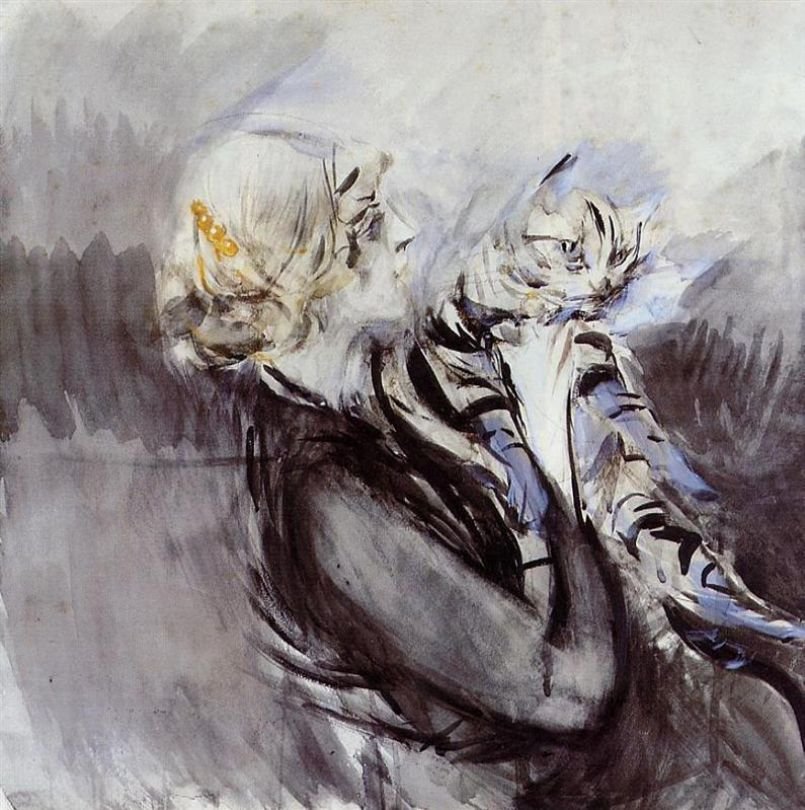 与CatnGerman的夫人：有猫的妇女Polski：Kobieta w kotemn 作者 乔凡尼·博尔迪尼（Giovanni Boldini）