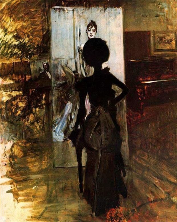黑色的女人看着Signora的粉彩Emiliana Concha de OssanGerman：黑色看着Signora Emiliana Concha de OssaPolski的粉彩画的女人：Kobieta w czerni，patrzaca na pastel signory Emiliany Concha de Ossyn 作者 乔凡尼·博尔迪尼（Giovanni Boldini）