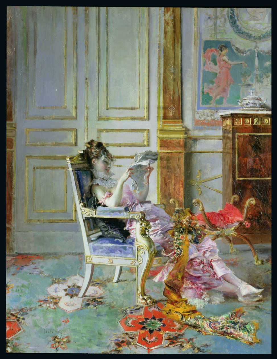 女孩在沙龙读书，1876年 作者 乔凡尼·博尔迪尼（Giovanni Boldini）