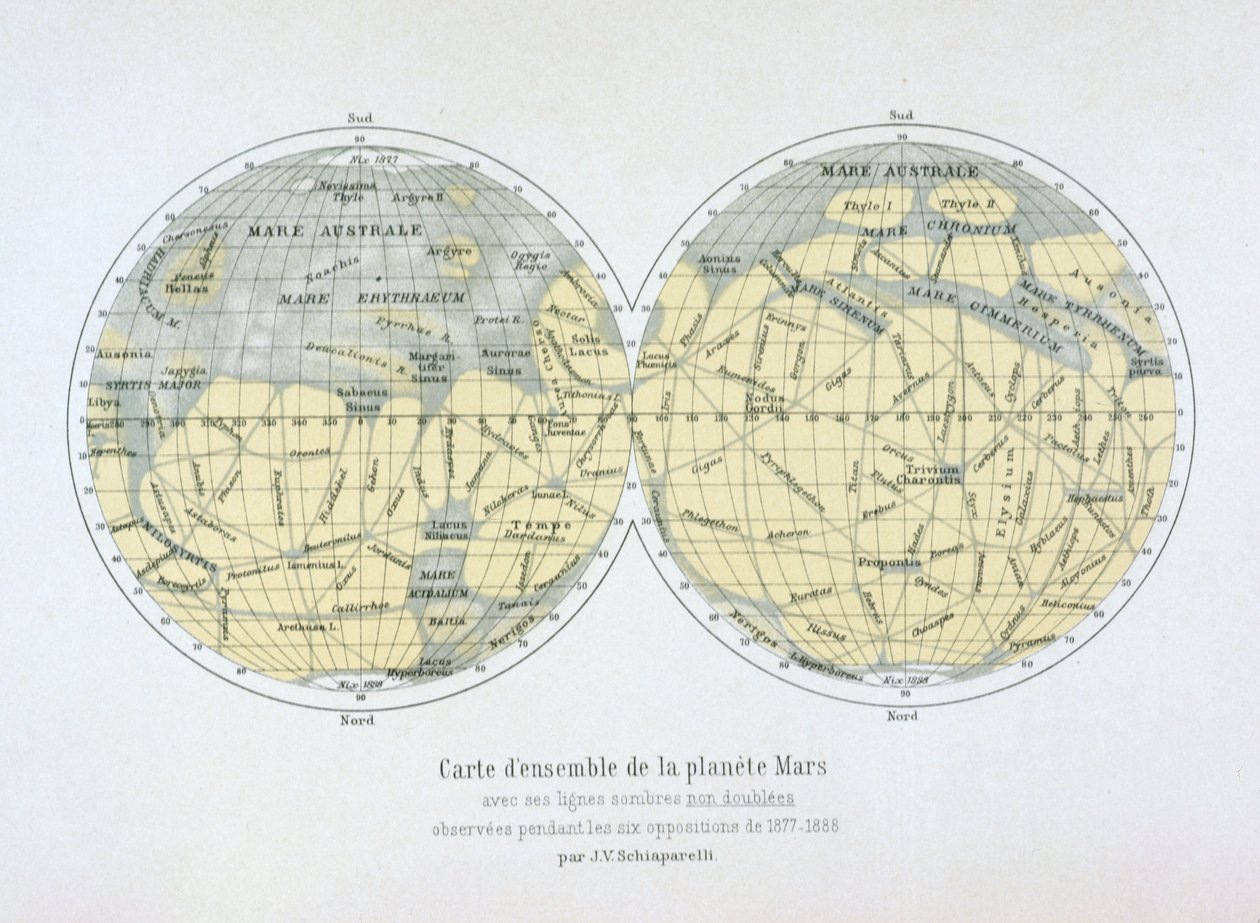 火星行星的组合地图，来自1877年至1888年六次反对期间的观测 作者 乔凡尼·夏帕瑞瑞（Giovanni Schiaparelli）