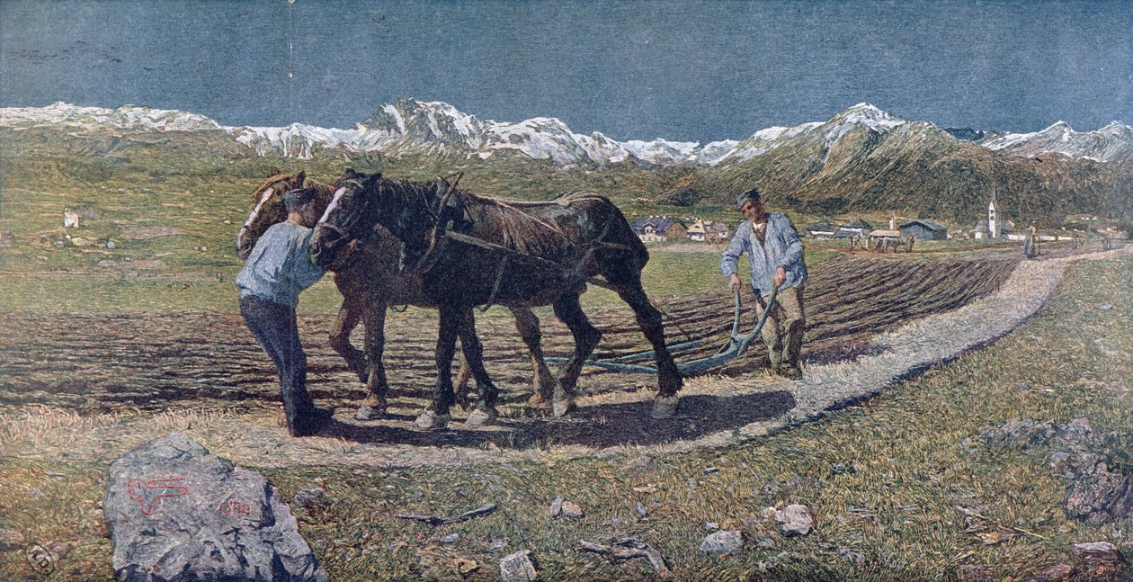 农民在意大利北部犁一个领域，插图来自杂志&39;Allemand Jugend&39;。 1879年 作者 乔凡尼·塞甘蒂尼（Giovanni Segantini）