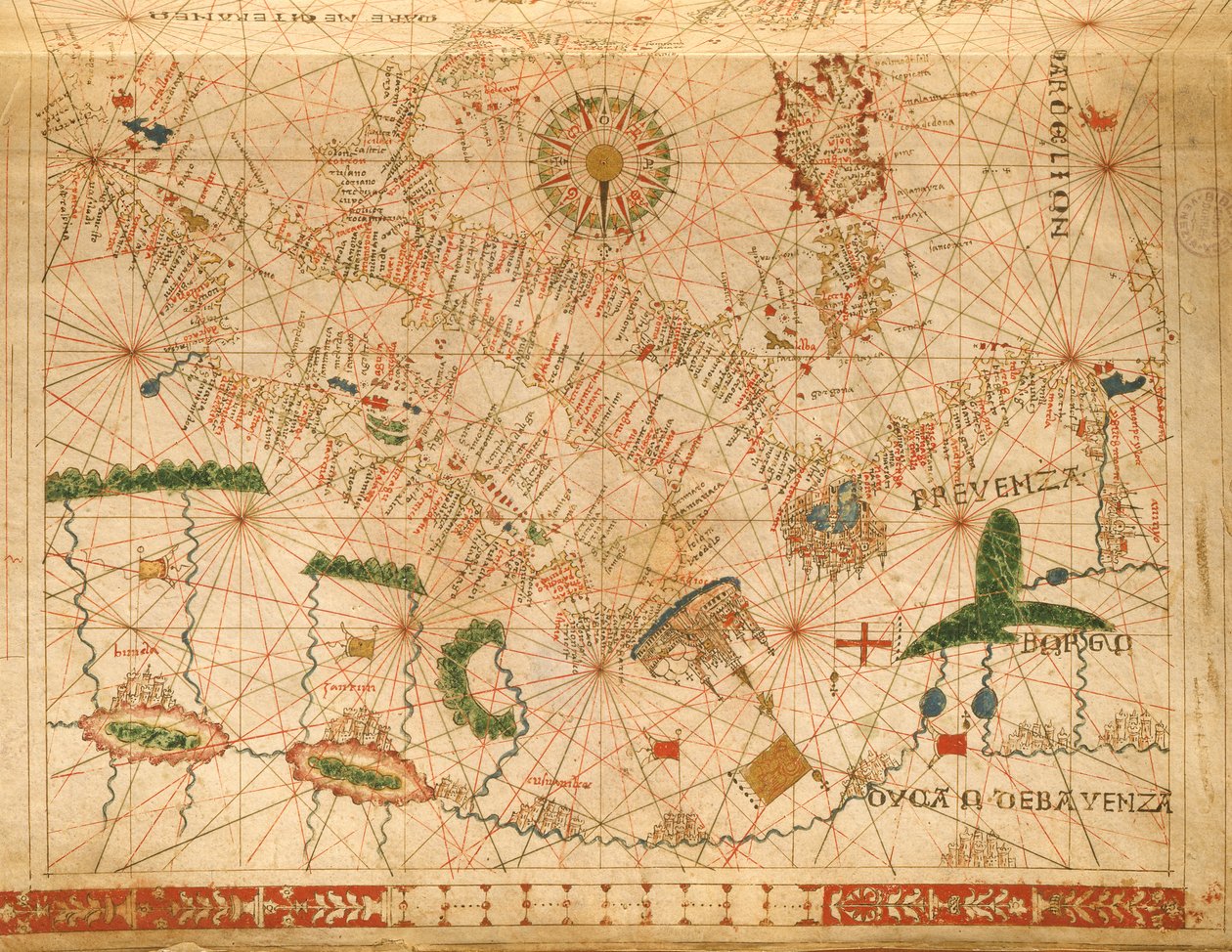 普罗旺斯和意大利，来自航海地图集，1520（牛皮纸上的墨水）（详情来自330915） 作者 乔瓦尼·希诺多克斯·达·科孚