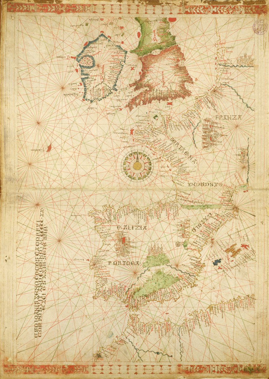 欧洲和非洲的大西洋海岸，来自航海阿特拉斯，1520年（牛皮纸上的墨水）（另见330911-330912） 作者 乔瓦尼·希诺多克斯·达·科孚