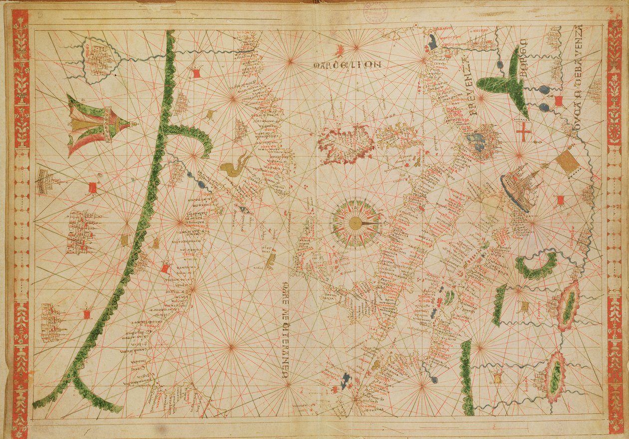 地中海地区，从航海地图集，1520（牛皮纸上的墨水）（另见330916-330918） 作者 乔瓦尼·希诺多克斯·达·科孚