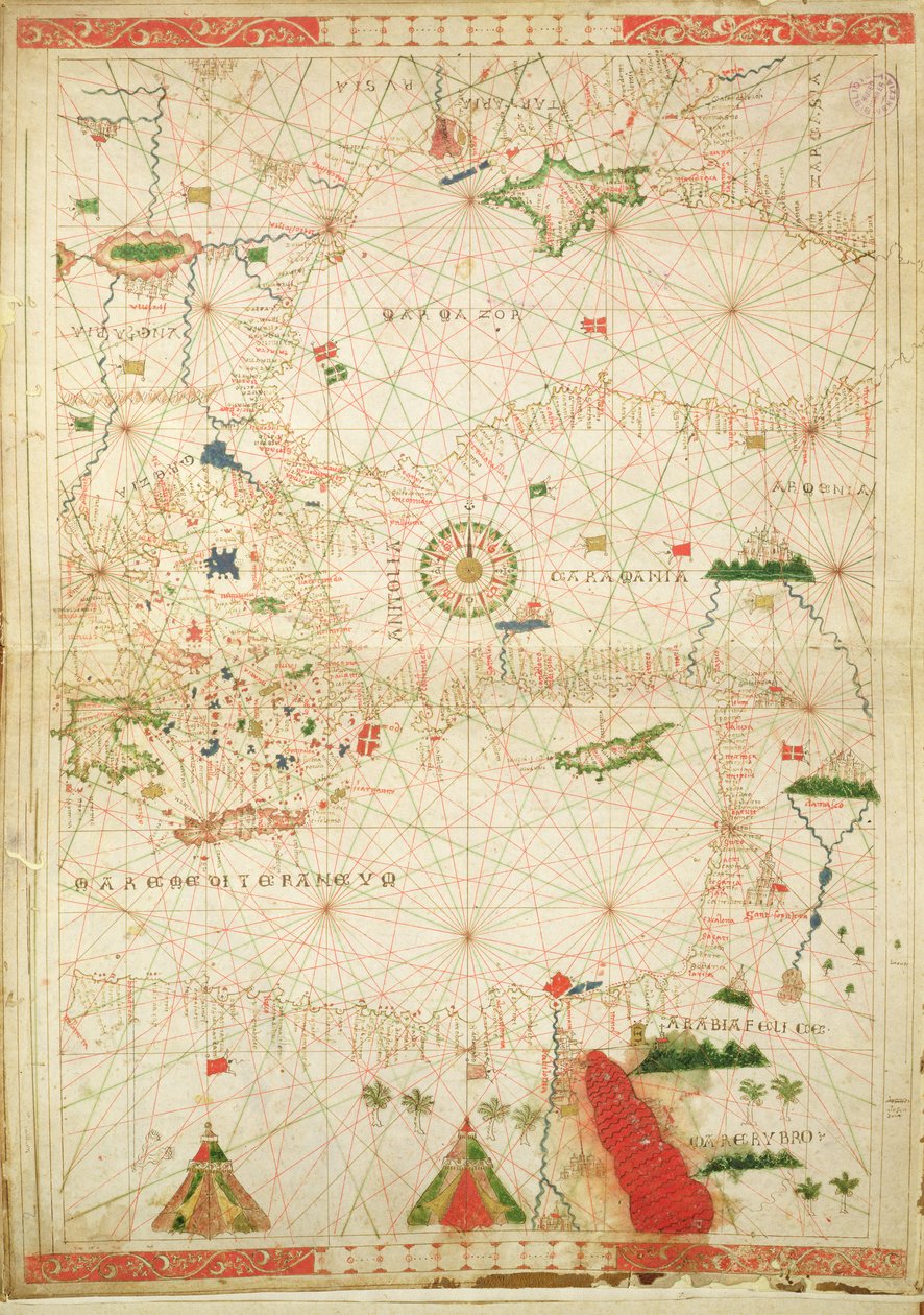 地中海东部，从航海地图集，1520（牛皮纸上的墨水）（另见330914） 作者 乔瓦尼·希诺多克斯·达·科孚