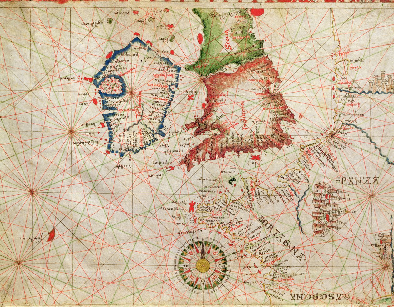 法国海岸，英格兰，苏格兰和爱尔兰，来自航海地图集，1520（牛皮纸上的墨水）（详情来自330910） 作者 乔瓦尼·希诺多克斯·达·科孚